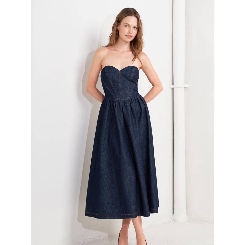 Dark Wash Denim Strapless Sweetheart Midi Dress A-Line Corset Bodice Blue